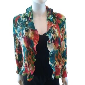 CAELIANN Pleated Stretch Open Front Cropped Printed Jacket Sz M Multicolor